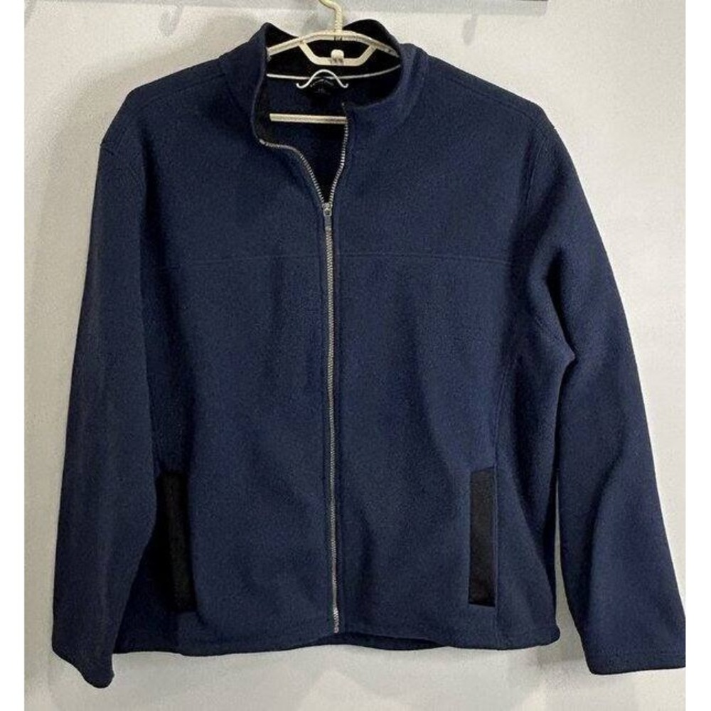Lands End Mens Navy Blue Black Trim Fleece Full Zip Jacket XXL 50-52